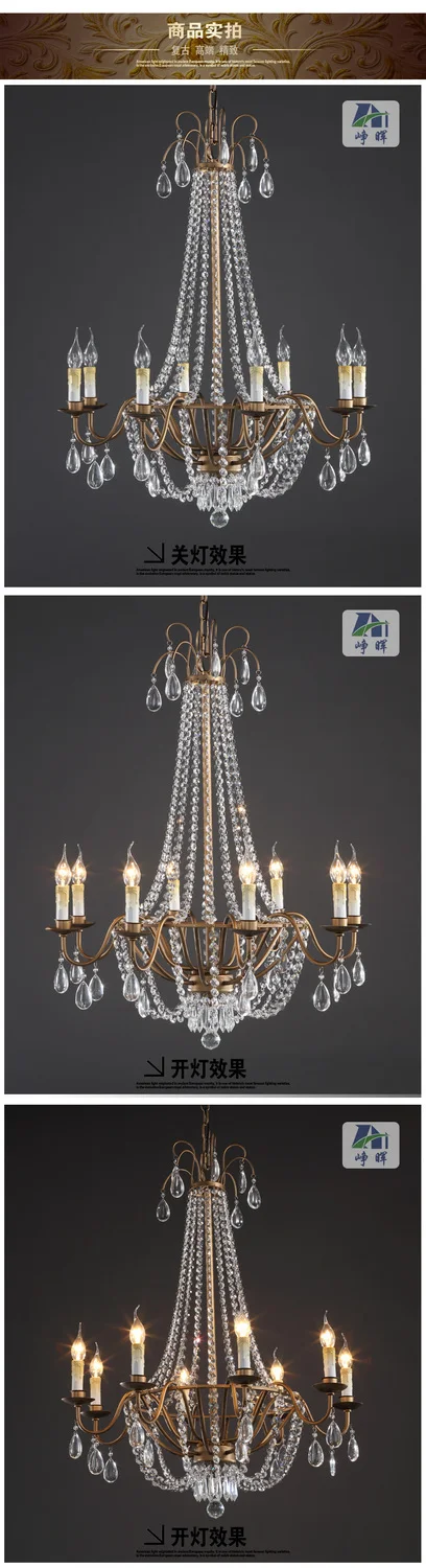 America vintage Mediterranean style rustic iron big crystal chandelier in 8 candle bulbs to decorate the hotel/living room/