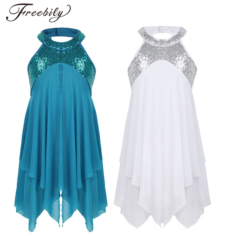 Girls Teens Halter Sequin Backless Ballet Dance Leotard Dress Kids Lyrical Contemporary Costume Gymnastics | Тематическая одежда и