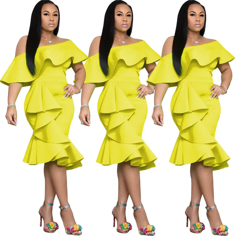 Off Shoulder Summer Bodycon Ruffles Dress Women Short Sleeve Knee Length Sexy Party Dress Yellow Backless Elegant Club Dress
Off Shoulder Summer Bodycon Ruffles Dress Women Short Sleeve Knee Length Sexy Party Dress Yellow Backless Elegant Club Dress