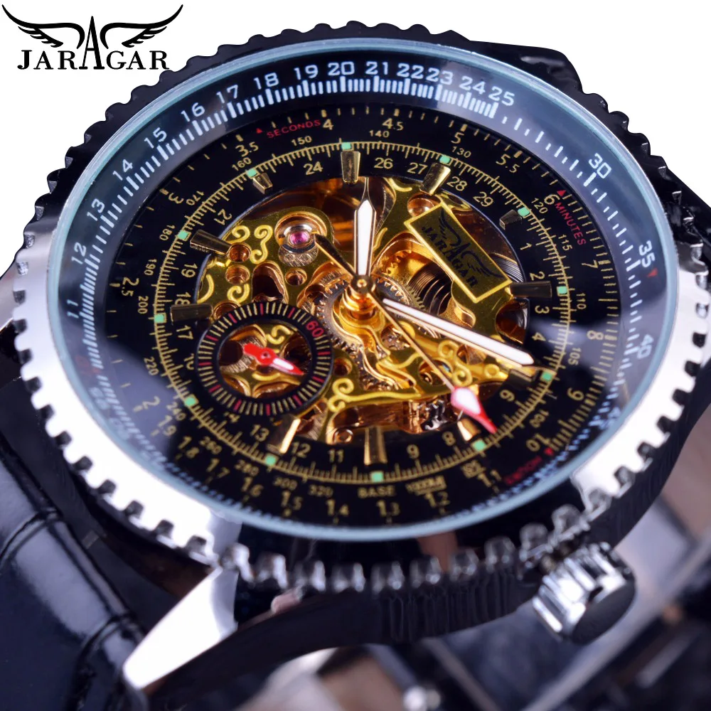 JARAGAR Skeleton Golden Mens Watch Sport Mechanical Sub Second Dial Design Montre Homme Clock Black Leather Automatic Wristwatch
JARAGAR Skeleton Golden Mens Watch Sport Mechanical Sub Second Dial Design Montre Homme Clock Black Leather Automatic Wristwatch