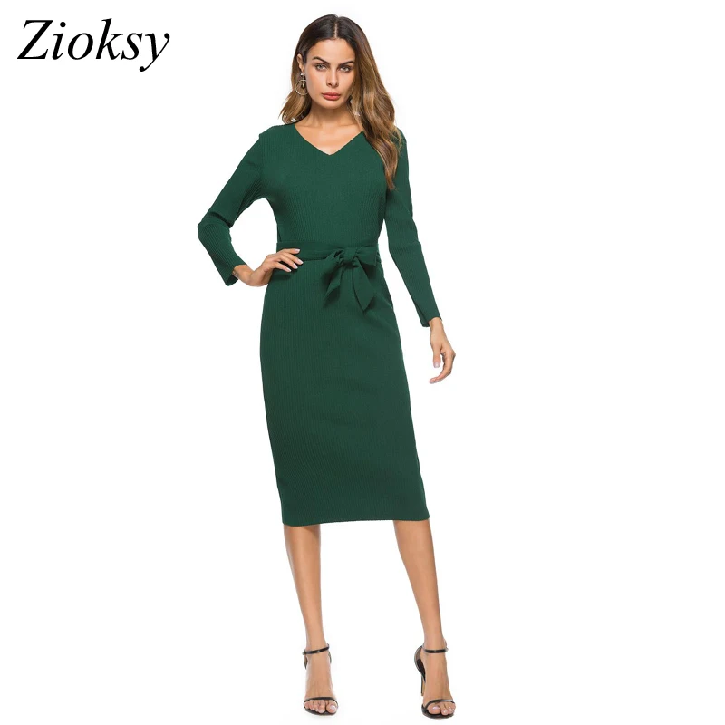 Zioksy Autumn Winter Casual Women Knitted Office Dress Bow Belted Elegant Dress Women V-Neck Knee Length Sheath Bodycon Dress
Zioksy Autumn Winter Casual Women Knitted Office Dress Bow Belted Elegant Dress Women V-Neck Knee Length Sheath Bodycon Dress