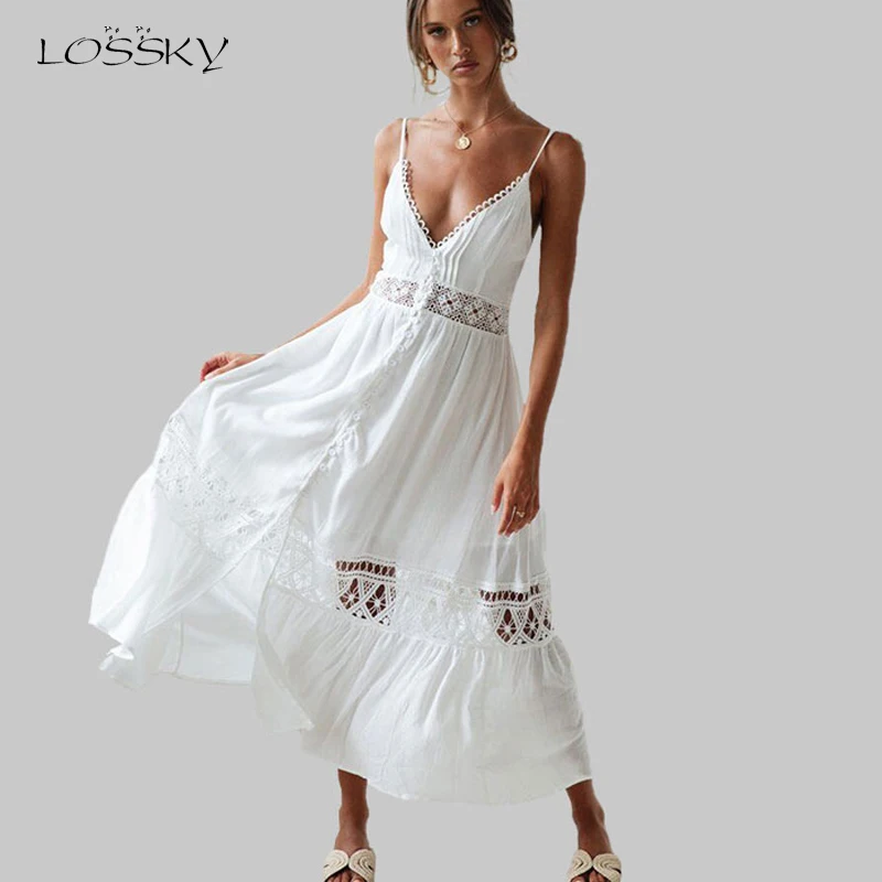Lossky Sexy V Neck Hollow Out Lace Backless Dress Women Summer Straps Long Dresses Casual White Sleeveless Elegant Dress Vestido
Lossky Sexy V Neck Hollow Out Lace Backless Dress Women Summer Straps Long Dresses Casual White Sleeveless Elegant Dress Vestido