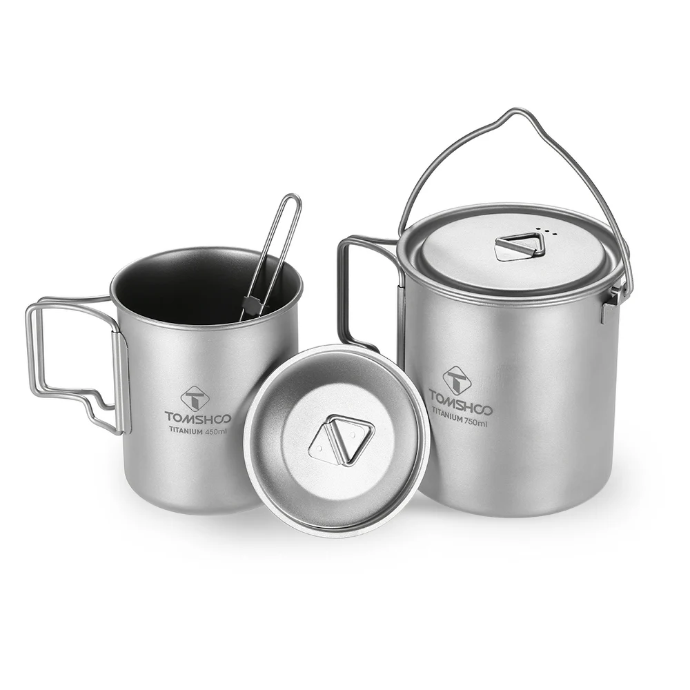 TOMSHOO 3 Pieces Set Titanium 750ml Pot 450ml Water Cup Mug with Lid Collapsible Handle Folding Spork Lightweight Titanium
TOMSHOO 3 Pieces Set Titanium 750ml Pot 450ml Water Cup Mug with Lid Collapsible Handle Folding Spork Lightweight Titanium