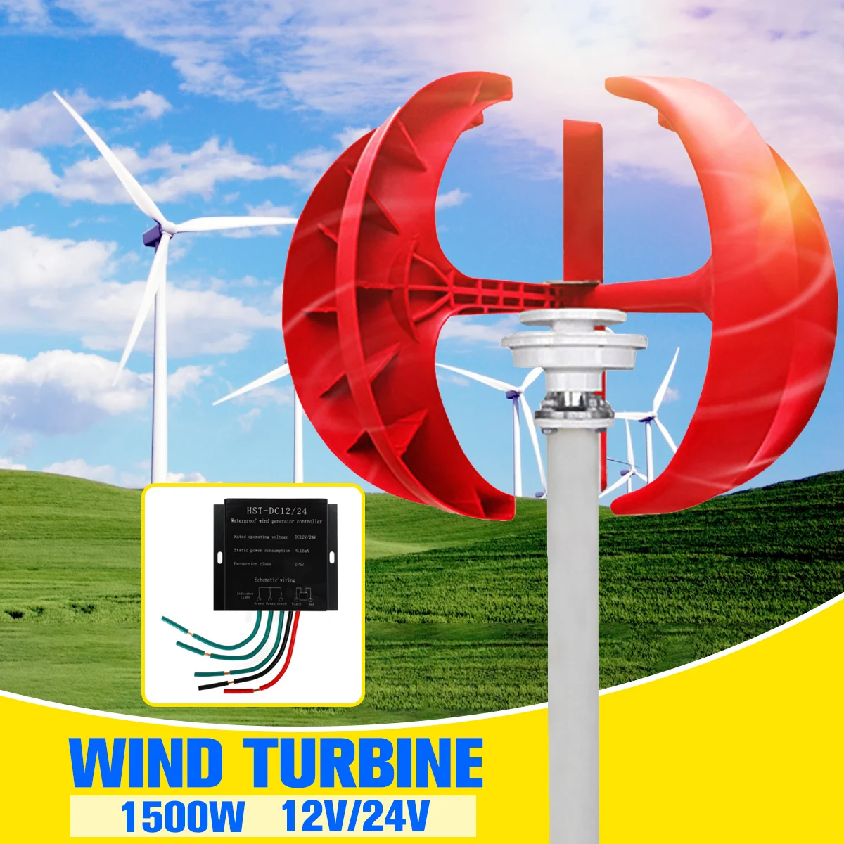 1500W 12V/24V Wind Turbine Generator + Wind Controller Lantern 5 Blades Motor Kit Vertical Axis For Home Hybrid Streetlight Use
1500W 12V/24V Wind Turbine Generator + Wind Controller Lantern 5 Blades Motor Kit Vertical Axis For Home Hybrid Streetlight Use