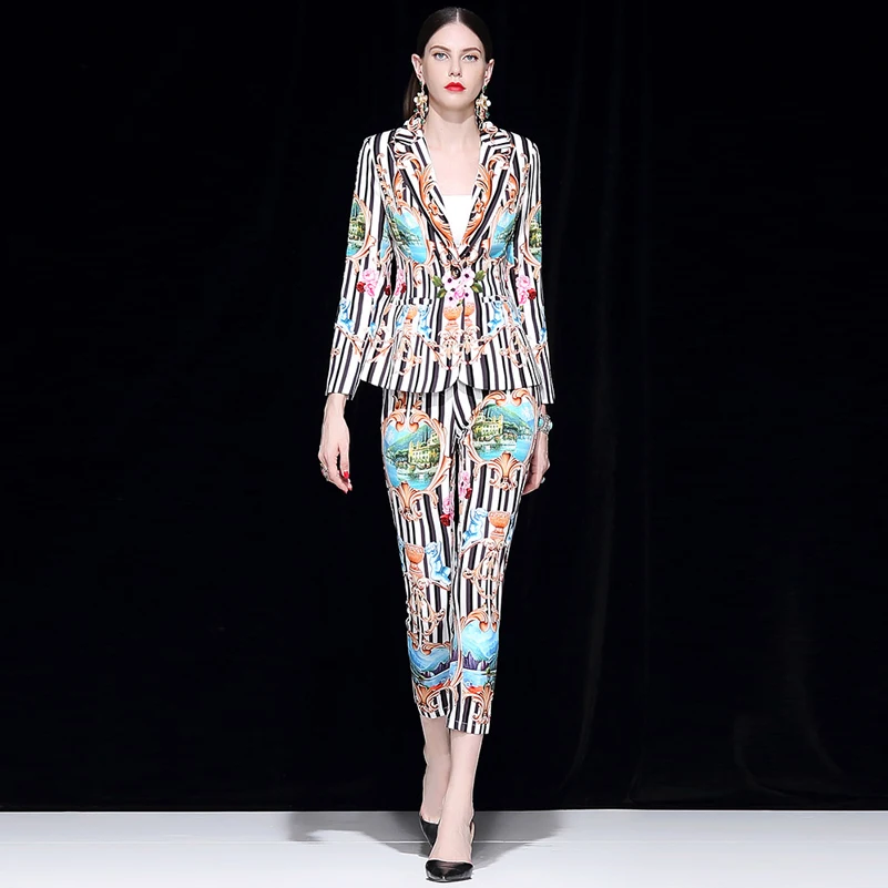 High quality Designer fashion coats Two Pieces Sets Women Long Sleeve Stripe pattern jacket+Print Vintage Mid-Calf Pants Set
High quality Designer fashion coats Two Pieces Sets Women Long Sleeve Stripe pattern jacket+Print Vintage Mid-Calf Pants Set