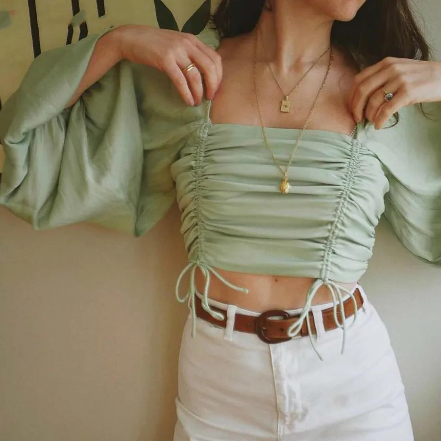 DEAT Summer Short Square Collar Women Pleated Adjustable Drawstring Tops Light Green Puff Sleeve Casual Solid T Shirt MF583
DEAT Summer Short Square Collar Women Pleated Adjustable Drawstring Tops Light Green Puff Sleeve Casual Solid T Shirt MF583