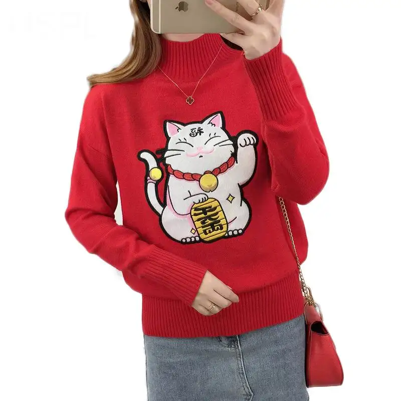 Вязаные свитера Мода 2019 Зима японский Kawaii Кот Вышивка водолазка Женский пуловер