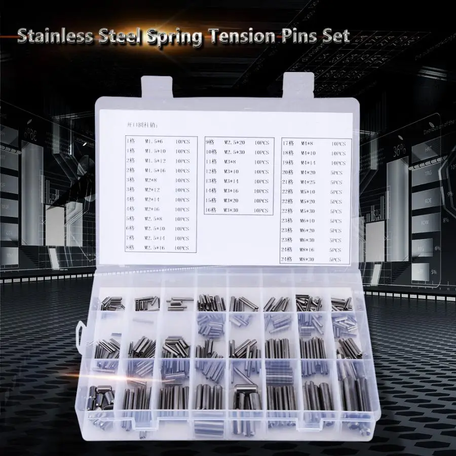 280Pcs/Set Stainless Steel Spring Pin Tension Cylindrical Cotter Pins Set with Box M1.5 M2 M2.5 M3 M4 M5 M6 M8 Dowel Tension Rol
280Pcs/Set Stainless Steel Spring Pin Tension Cylindrical Cotter Pins Set with Box M1.5 M2 M2.5 M3 M4 M5 M6 M8 Dowel Tension Rol