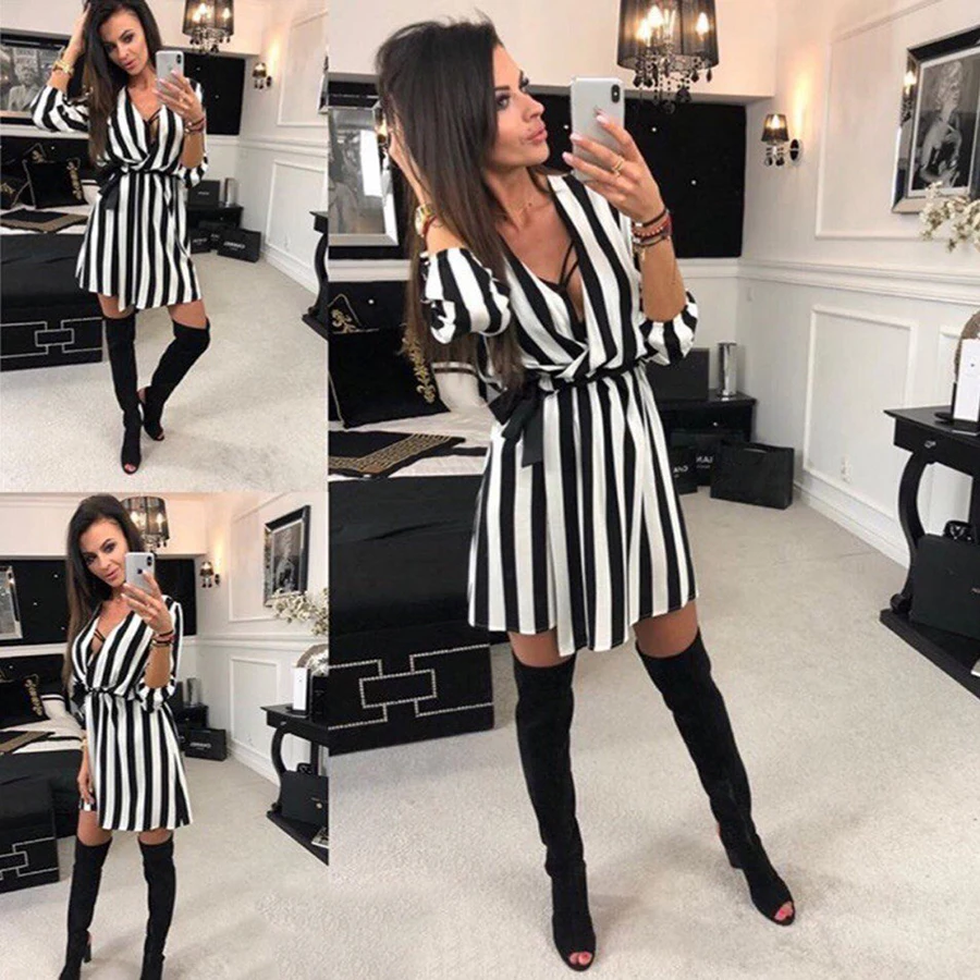 2018-Summer-Women-Dress-Striped-Office-A-Line-Dress-Batwing-Deep-V-Neck-Tunic-Bandage-Bodycon (1)