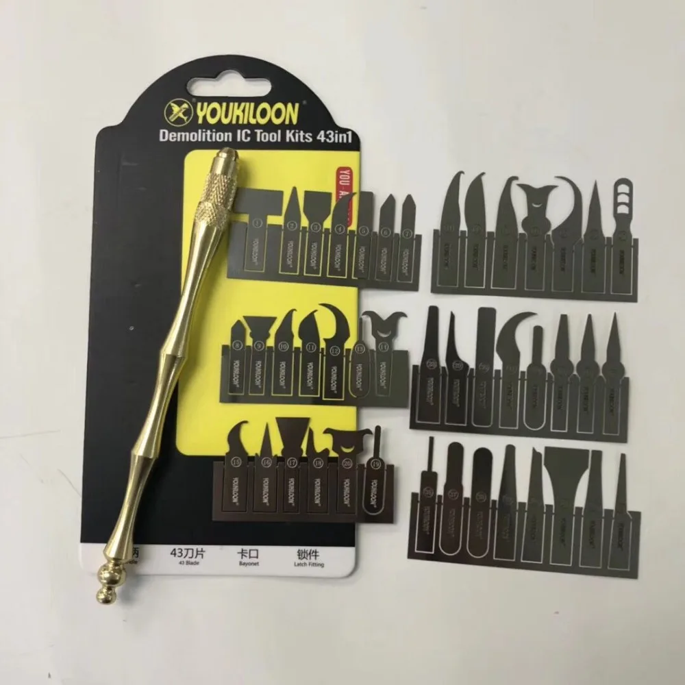 43 in 1 BGA Chip IC Knife Blade Remover Hand Tools Set for Repair Removing iPhone Motherboard Mainboard NAND CPU
43 in 1 BGA Chip IC Knife Blade Remover Hand Tools Set for Repair Removing iPhone Motherboard Mainboard NAND CPU