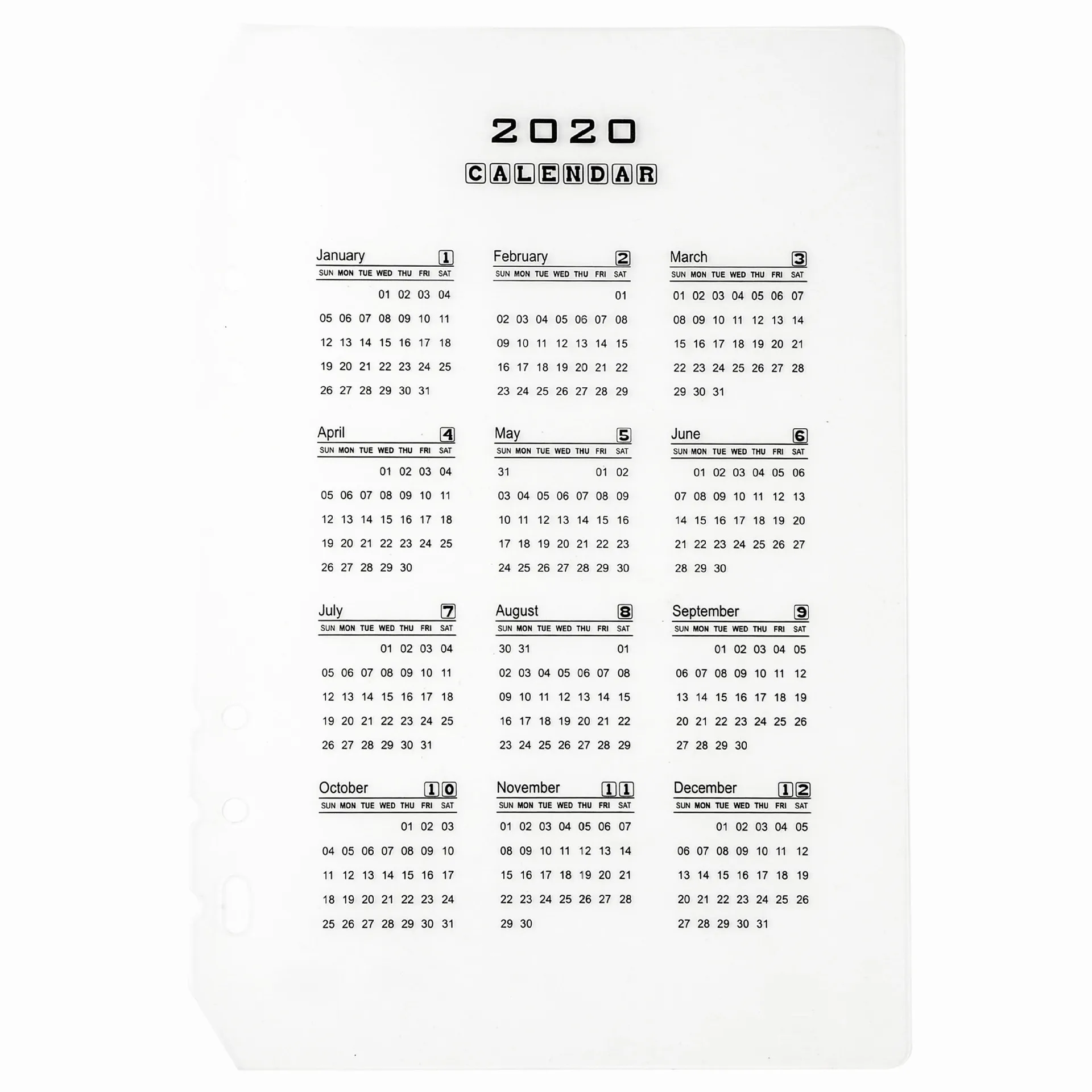 1Pc Transparent 2020 Calendar A5/A6 Writing Board Clip Calendar Index Divider for 6 Holes Binder Organizer
1Pc Transparent 2020 Calendar A5/A6 Writing Board Clip Calendar Index Divider for 6 Holes Binder Organizer