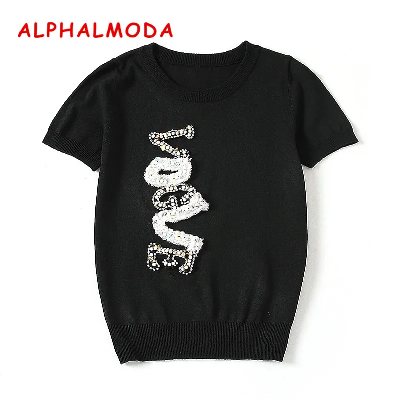 Женский трикотажный свитер ALPHALMODA с коротким рукавом кристаллами и бусинами