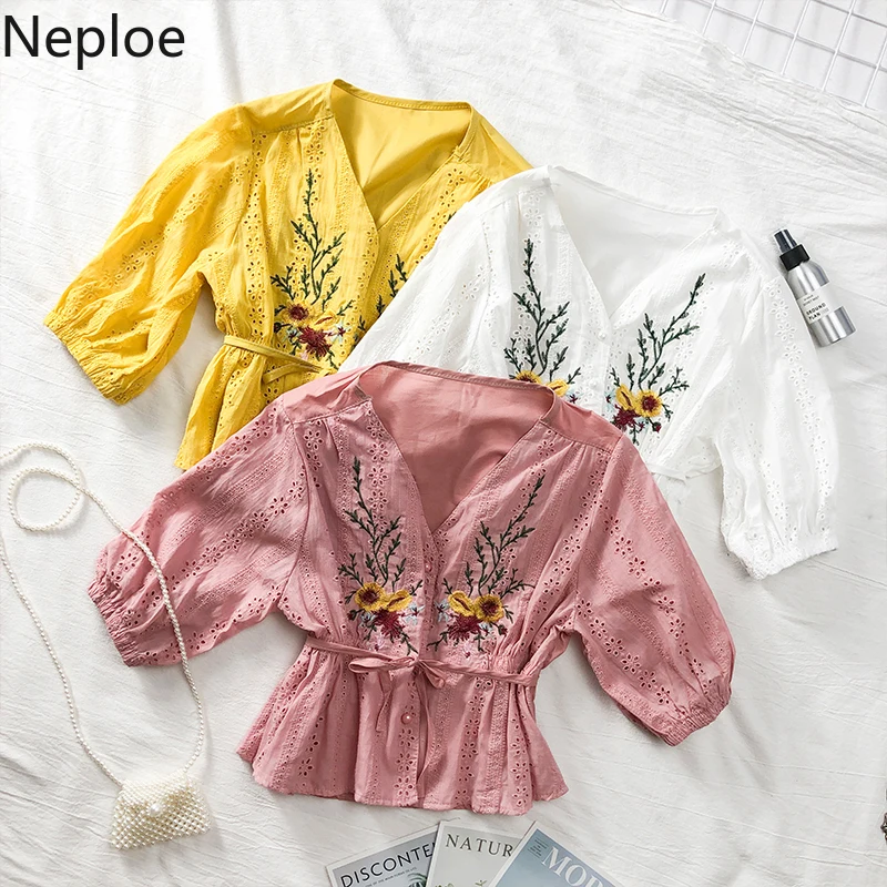 Neploe Blouse Shirt Women Puff Sleeve High Waist Crop Top Korean Embroidery Floral Short Tops Drawstring Hollow Out Femme Blusa
Neploe Blouse Shirt Women Puff Sleeve High Waist Crop Top Korean Embroidery Floral Short Tops Drawstring Hollow Out Femme Blusa