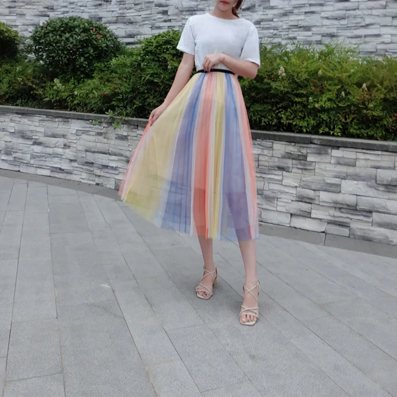 

2019 Hot Summer New Arrival Rainbow Pleated Skirt Women Elastic Waist Tulle Skirt Striped Faldas Largas Elegantes Free Shipping