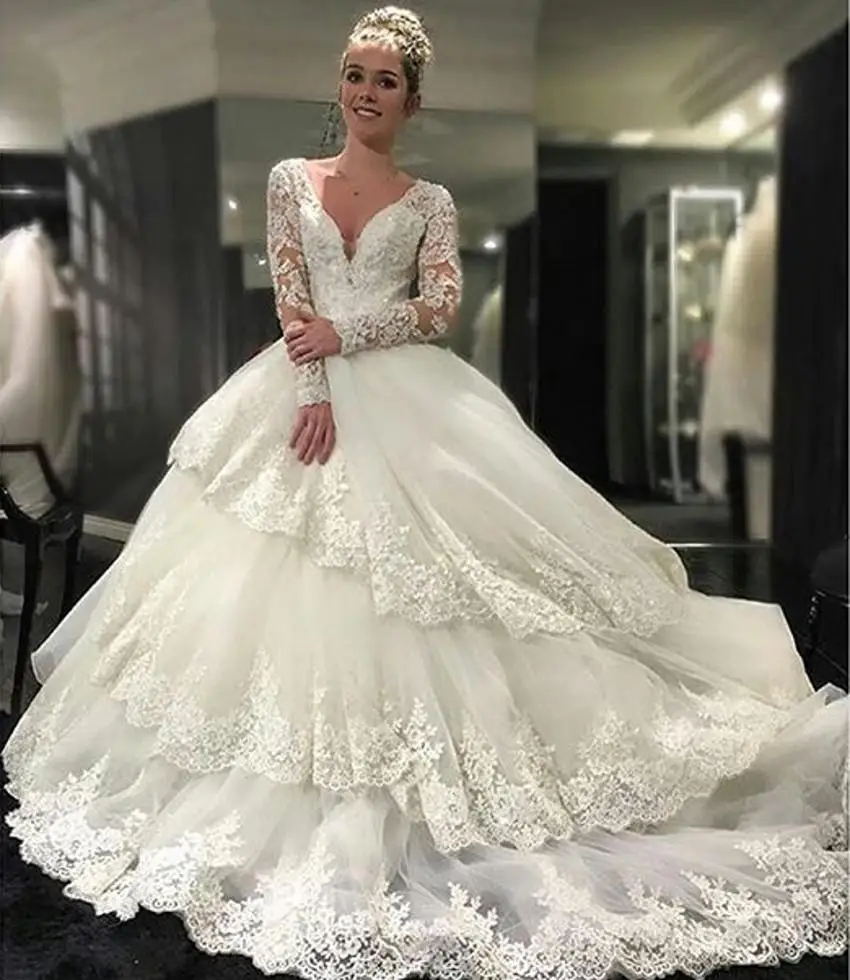 Винтаж Бисером Аппликации Свадебные Платья Уровни Длинные Рукава 2017 White Lace