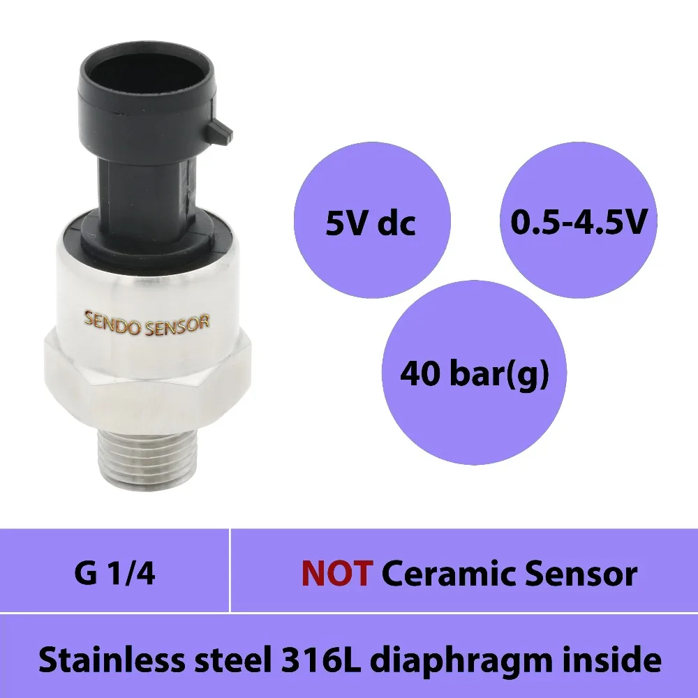 diesel pression transducers, pressure sensors, 0 40bar, 4 Mpa, 0.5 4.5V output, DC 5V supply, AISI 316L diaphragm, G1 4 thread
diesel pression transducers, pressure sensors, 0 40bar, 4 Mpa, 0.5 4.5V output, DC 5V supply, AISI 316L diaphragm, G1 4 thread
