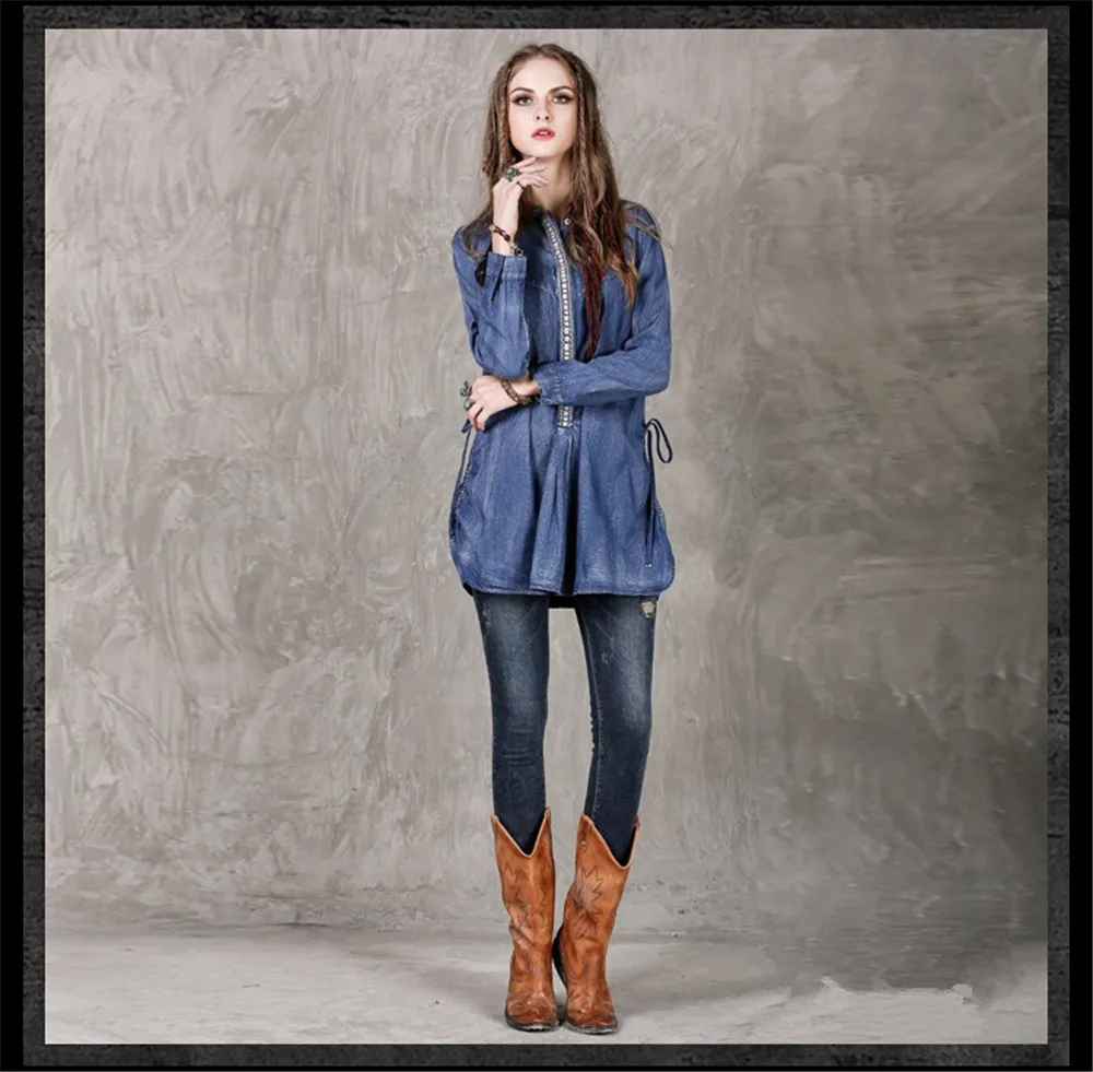 Vintage Loose Cow-Girl Blouse Boho Denim Women Blouses Long Sleeve O-Neck Blouse Women Embroidery Shirt Loose Blusas Feminina (9)