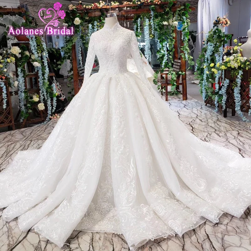 2019 Lace Crystal New Desgin Robe De Mariage Arabic Bridal Gown Islamic Long Sleeve Arab Ball Muslim Wedding Dress | Свадьбы и