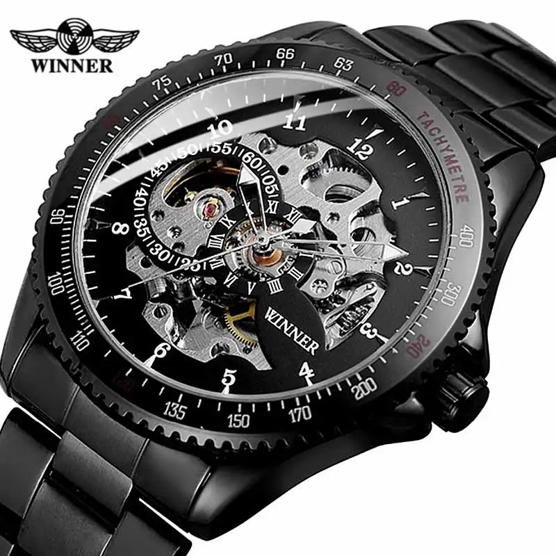 

Winner 2019 Steampunk Black Golden Skeleton Clock Sport Men Mechanical Watches Top Brand Luxury Relogio Masculino Luminous Hands