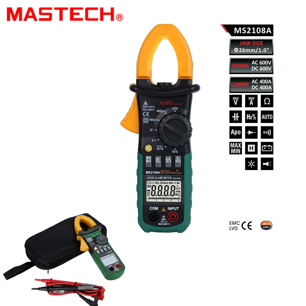 Mastech MS2108A Digital Clamp Multimeter Frequency Max./Min.Value Measurement Holding Lighting Bulb
Mastech MS2108A Digital Clamp Multimeter Frequency Max./Min.Value Measurement Holding Lighting Bulb