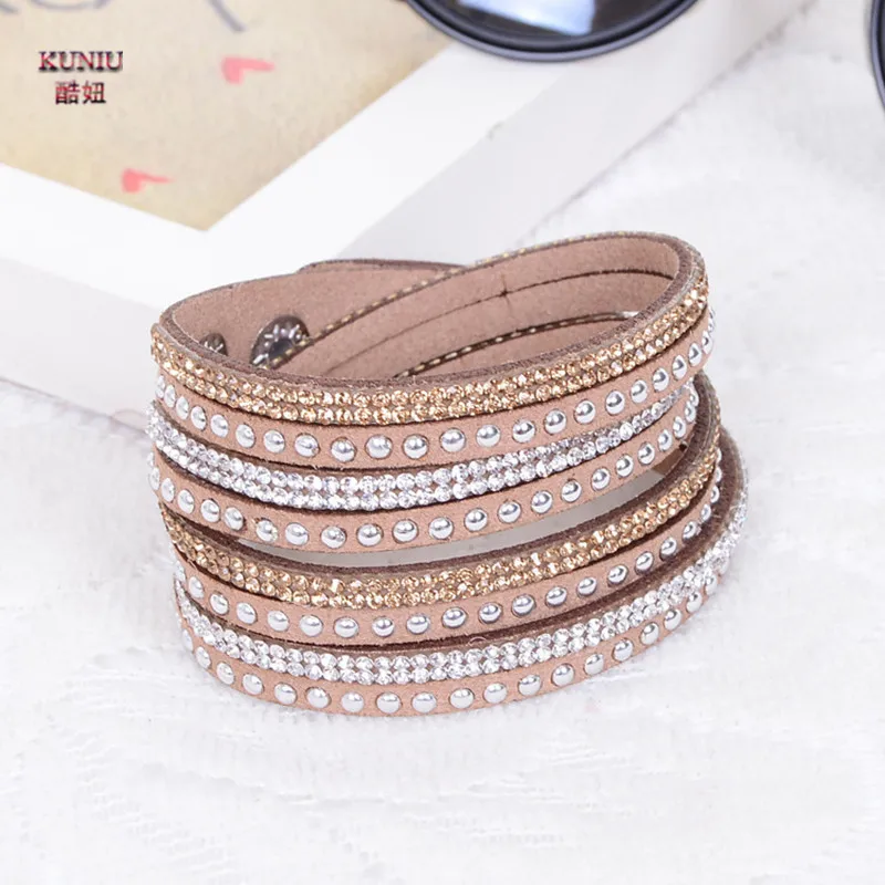 

KUNIU 1Piece Beige Color Multilayer Wrap Bracelets Slake Deluxe Leather Bracelets for Women With Crystals Couple Jewelry