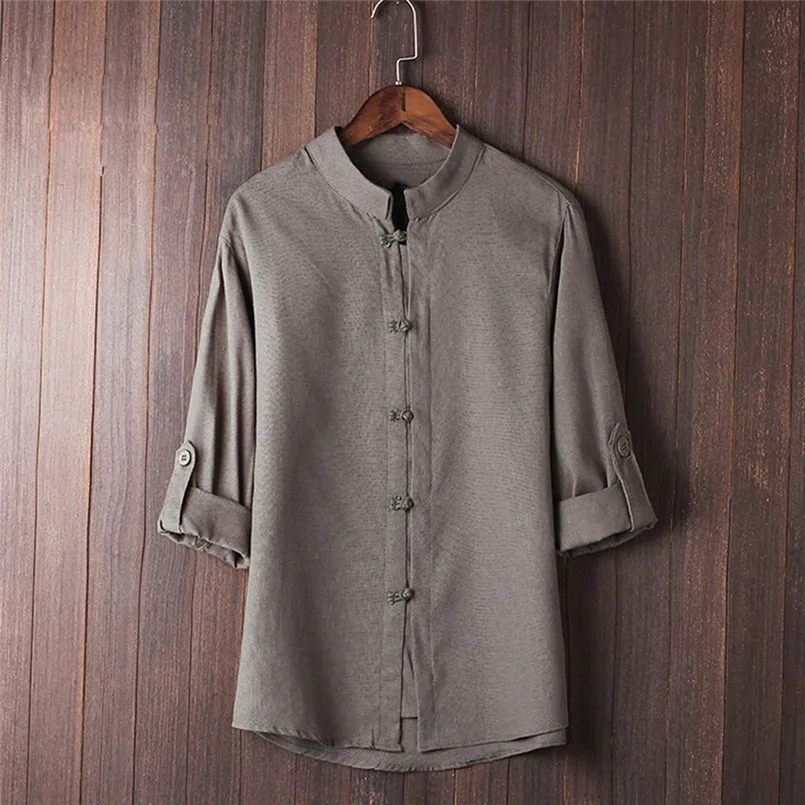 Men Classic Chinese Style Kung Fu Shirt Tops Tang Suit 34 Sleeve linen Blouse (5)