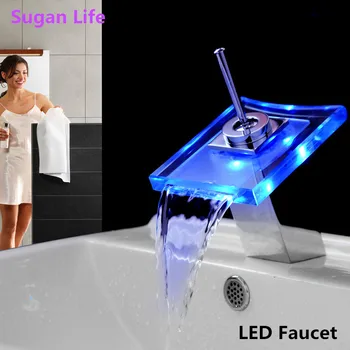 

Sugan Life Led Bathroom Faucet Brass Chromed Waterfall Bathroom Basin Faucets 2 Color Change Tap Water Power Basin Led Faucet
