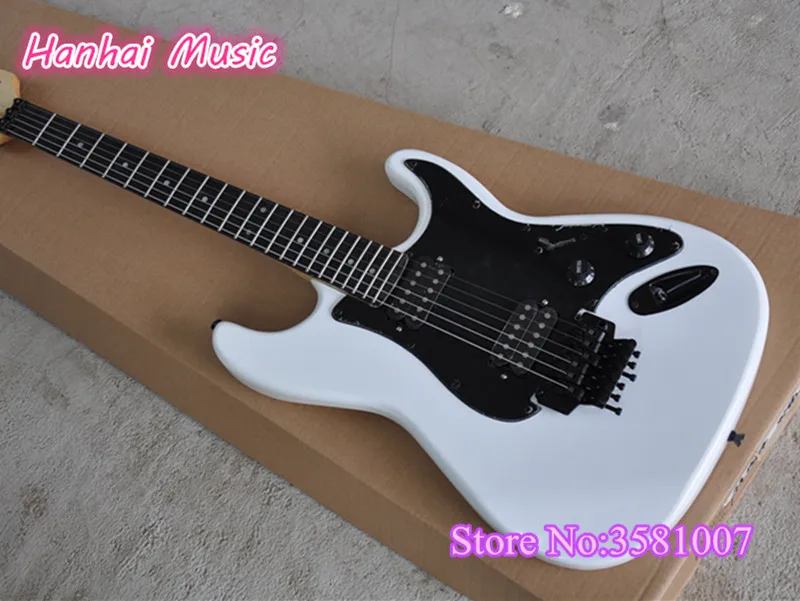 6-String Electric Guitar,White Color Body with Ebony Fingerboard,2 Open Pickups,Black Hardware,Floyd Rose and can be Customized
6-String Electric Guitar,White Color Body with Ebony Fingerboard,2 Open Pickups,Black Hardware,Floyd Rose and can be Customized