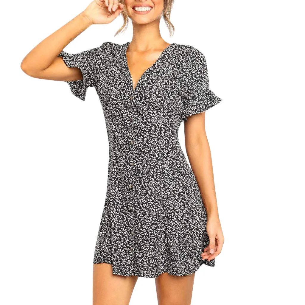 Summer Sundress Women Beach Dress Bohemian Casual Chiffon V-Neck Buttons Printed Short Sleeved Ruffled Mini Dress L606
Summer Sundress Women Beach Dress Bohemian Casual Chiffon V-Neck Buttons Printed Short Sleeved Ruffled Mini Dress L606