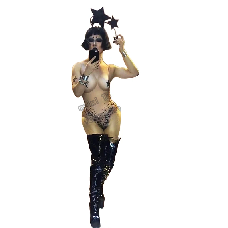 

Twinkle,sexy black star rhinestone elastic jumpsuit and black star headdress two-piece nightclub concert singer dancer costume