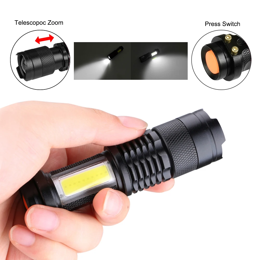 

7W XML-Q5+COB LED Flashlight Portable Mini ZOOM torchflashlight Use AA 14500 Battery Waterproof in life Lighting lantern