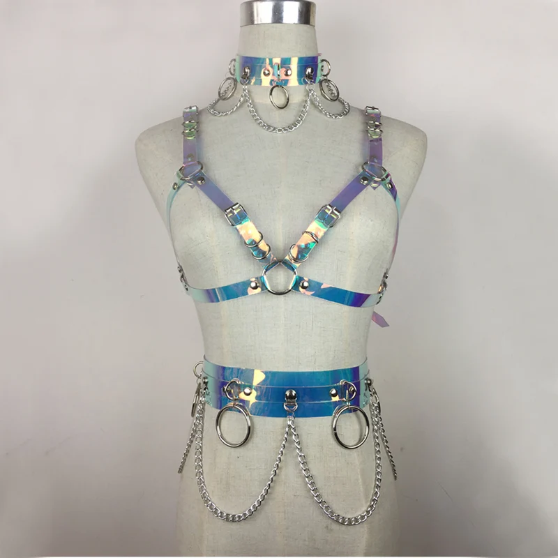 New Women Rainbow PVC harness for bust Metal Chain wide waist belt chain wide chocker with big O-Ring New Night Club decoration
New Women Rainbow PVC harness for bust Metal Chain wide waist belt chain wide chocker with big O-Ring New Night Club decoration