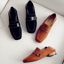 MLJUESE 2019 mujeres flats chico Suede square toe negro color cómodo zapatos planos primavera otoño zapatos casuales vestido de fiesta tamaño 40(China)