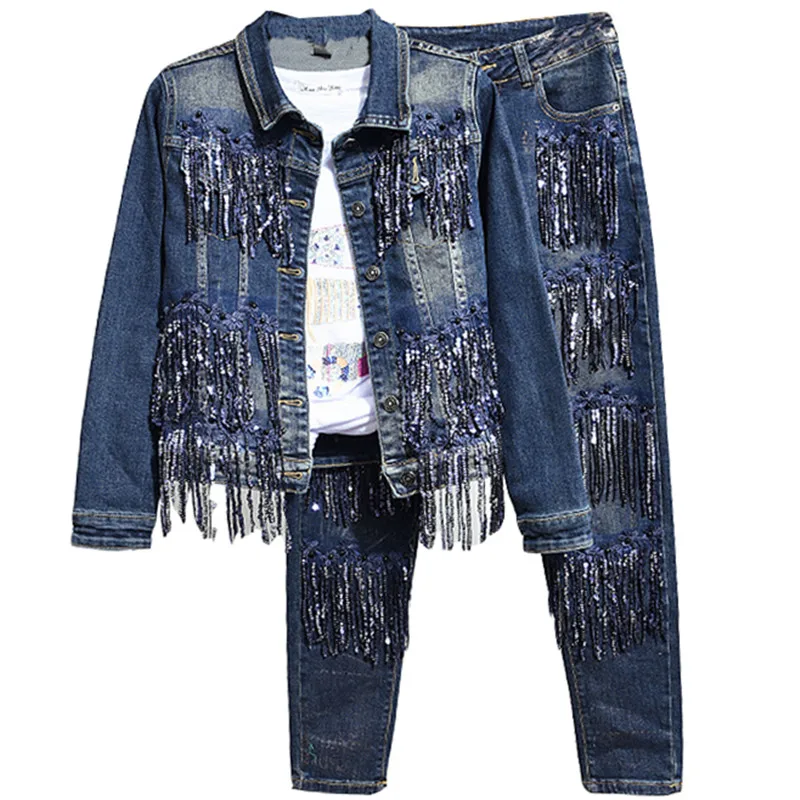Beading Sequined Female Denim Fashion Women's Sets Long Sleeve Denim Jackets + Slim Pencil Jeans Female Suits
Beading Sequined Female Denim Fashion Women's Sets Long Sleeve Denim Jackets + Slim Pencil Jeans Female Suits