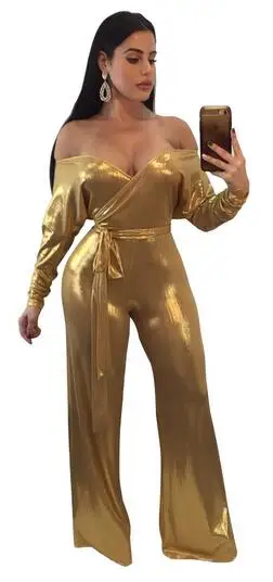 Shining Gold PU Off the Shoulder Jumpsuit for Women V-Neck Long Sleeve Romper Luxury Club Party Wide leg Pants Overalls DC248
Shining Gold PU Off the Shoulder Jumpsuit for Women V-Neck Long Sleeve Romper Luxury Club Party Wide leg Pants Overalls DC248