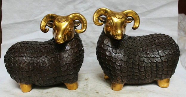 xd 001820 16" Chinese Bronze Gild Wealth Folk Zodiac Year Sheep Goat Statue sculpture Pair