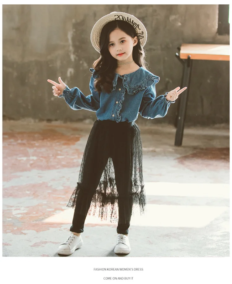 Children Girls Clothes Set Spring 2019 New Girl Denim Blouse + Mesh Pants Teen Girls Clothing Clothes Suit Kids Outfits
Children Girls Clothes Set Spring 2019 New Girl Denim Blouse + Mesh Pants Teen Girls Clothing Clothes Suit Kids Outfits