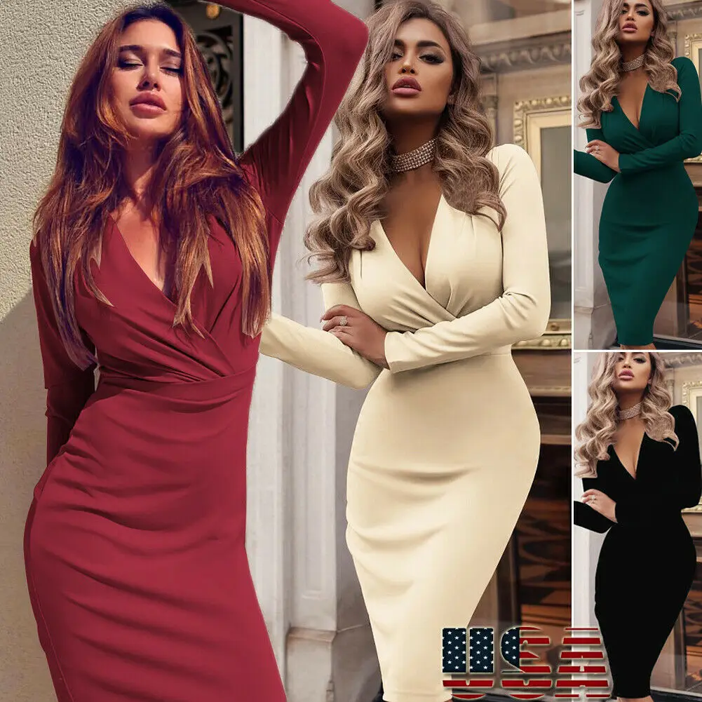 New Women Ladies Elegant OL Style Long Sleeve Solid Slim Deep V Neck Formal Evening Clubwear Party Midi Dress
New Women Ladies Elegant OL Style Long Sleeve Solid Slim Deep V Neck Formal Evening Clubwear Party Midi Dress