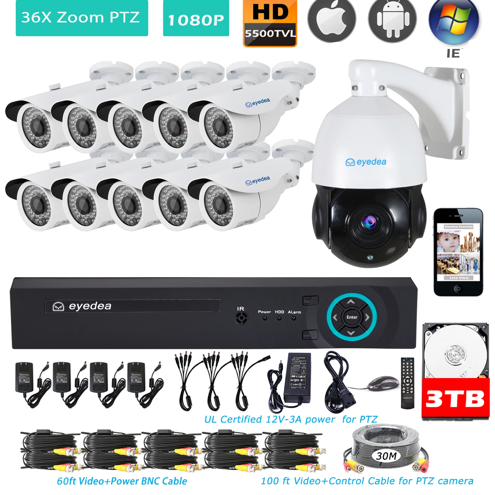 Eyedea 16CH DVR Voideo Recorder 1080P 5500TVL Outdoor Night Vision 36x Zoom PTZ CCTV Security Camera Surveillance System 3TB HDD
Eyedea 16CH DVR Voideo Recorder 1080P 5500TVL Outdoor Night Vision 36x Zoom PTZ CCTV Security Camera Surveillance System 3TB HDD