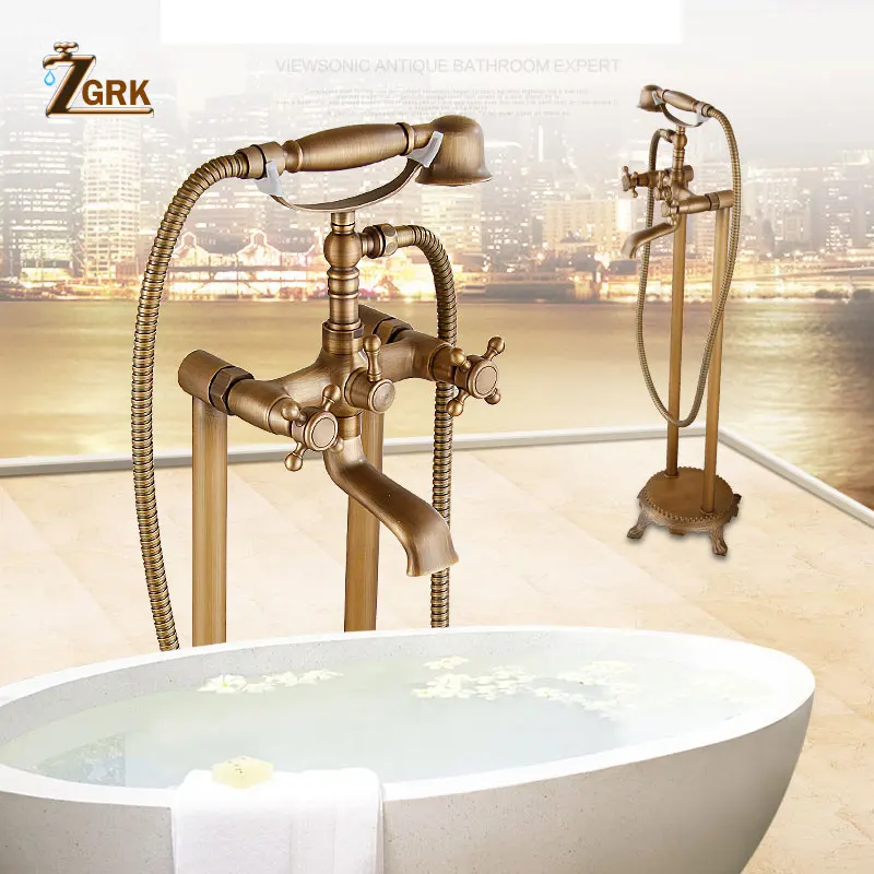 

ZGRK Brass Bathroom Faucet Bathtub Faucets Mixer Tap Floor Stand Faucets Telephone Type Hand Shower Antique Bath Shower Set