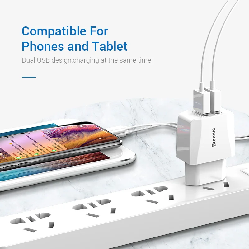 Baseus портативное двойное зарядное устройство USB 5 в 2 1 а для iPhone X 8 7 6 EU Plug быстрое