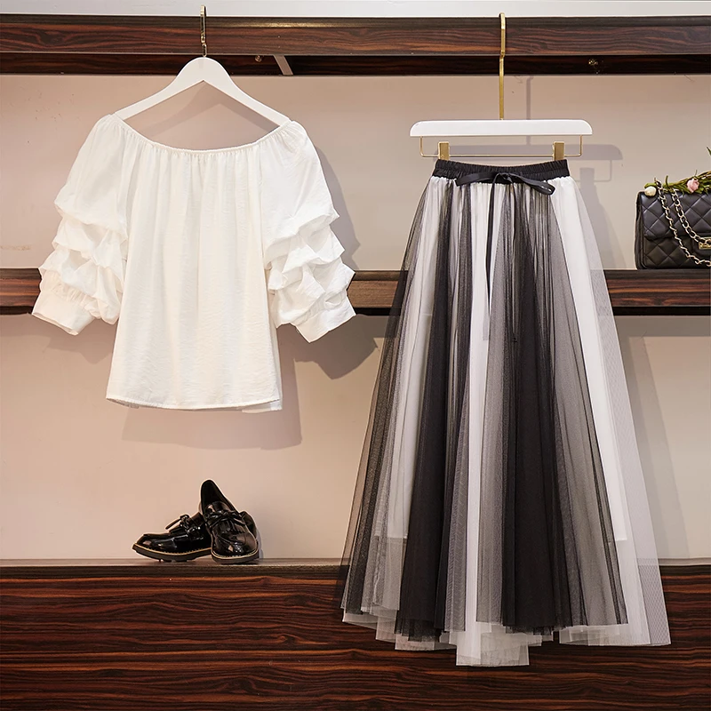 High Street 2019 Summer Women's Set White Puff Sleeve Slash Neck Blouse + Elastic Waist Mesh Hit Color Long Skirt 2 Pieces Set
High Street 2019 Summer Women's Set White Puff Sleeve Slash Neck Blouse + Elastic Waist Mesh Hit Color Long Skirt 2 Pieces Set