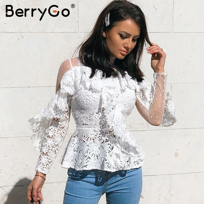 BerryGo Sexy Lace white women blouse Elegant ruffled mesh hollow out embroidery long sleeve female tops ladies party tops shirts
BerryGo Sexy Lace white women blouse Elegant ruffled mesh hollow out embroidery long sleeve female tops ladies party tops shirts