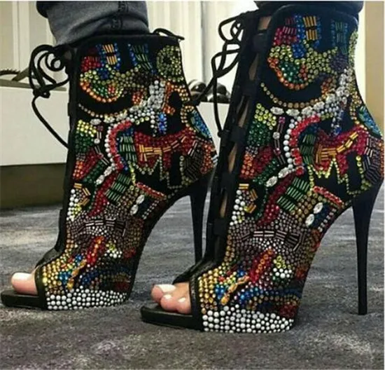 Mixed Color Crystal Women Boots Lace Up High Heels Gladiator Sandals Boots Cross Strap Diamond Summer Ankle Boots Botas Mujer (3)