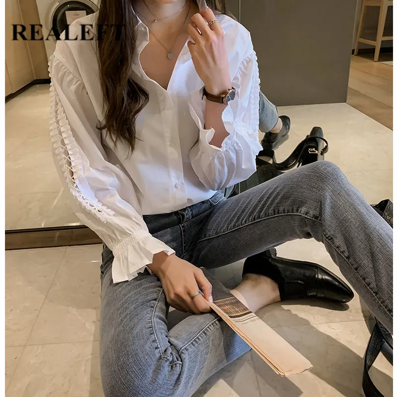 REALEFT New Arrival Women White Hollow Out Blouse Long Sleeve Turn-down Collar Fashion Loose Office Shirts Tops Female Plus Size 
REALEFT New Arrival Women White Hollow Out Blouse Long Sleeve Turn-down Collar Fashion Loose Office Shirts Tops Female Plus Size