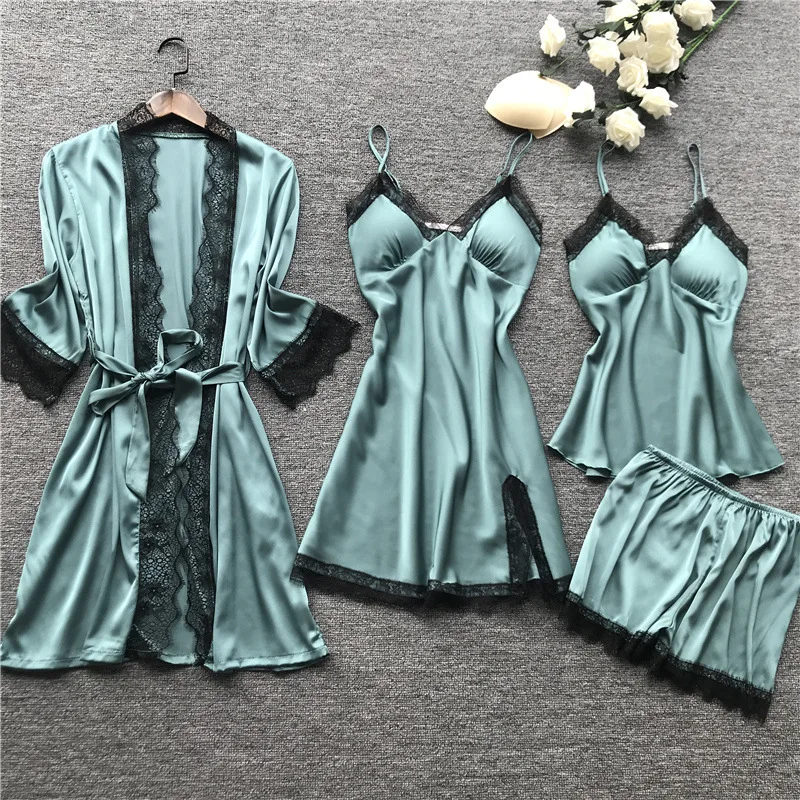 Women's Satin Silk Nightgown Bathrobe Woman Lace Robe Femme Pajamas Set 4pcs Robes Sleepwear Ladies Sexy Robe&Gown Pyjamas Suit
Women's Satin Silk Nightgown Bathrobe Woman Lace Robe Femme Pajamas Set 4pcs Robes Sleepwear Ladies Sexy Robe&Gown Pyjamas Suit