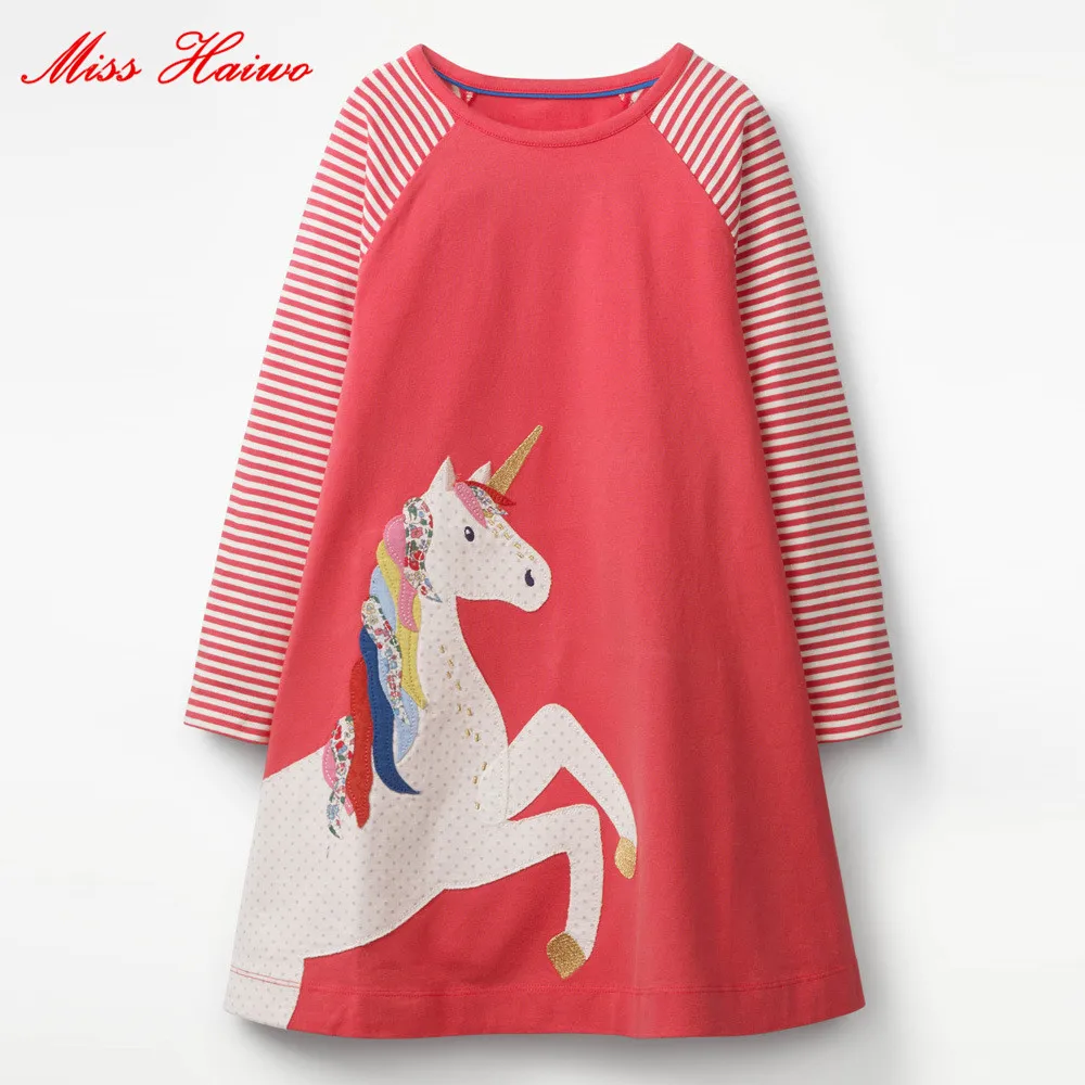 

Miss Haiwo Fall Kids Dresses For Girls Pure Cotton Baby Girl Clothes red color Unicorn Girls Long Dress Children's Clothing