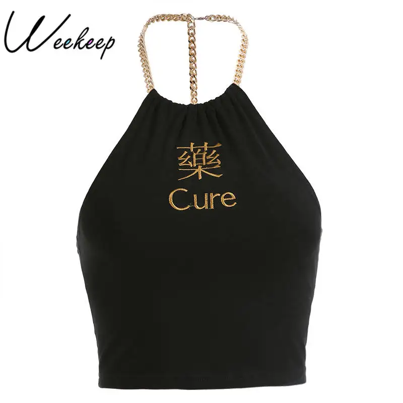 Weekeep Women Black Cropped Letter Embroidery Tank Top Sexy Backless Metal Strap Halter Crop Top Streetwear Bodycon Tank Tops
Weekeep Women Black Cropped Letter Embroidery Tank Top Sexy Backless Metal Strap Halter Crop Top Streetwear Bodycon Tank Tops