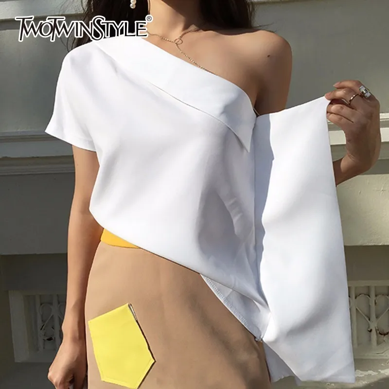 TWOTWINSTYLE Off Shoulder T Shirt Female Ruffles Irregular Collar Asymmetric Short Pullover Tops For Women Fashion New Clothing
TWOTWINSTYLE Off Shoulder T Shirt Female Ruffles Irregular Collar Asymmetric Short Pullover Tops For Women Fashion New Clothing