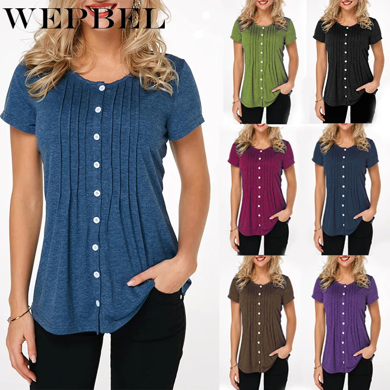 WEPBEL Summer Women Casual Solid Color Tops Ladies Fashion Loose Short Sleeve Collect Waist Slim Fit Round-neck Button Shirts
WEPBEL Summer Women Casual Solid Color Tops Ladies Fashion Loose Short Sleeve Collect Waist Slim Fit Round-neck Button Shirts